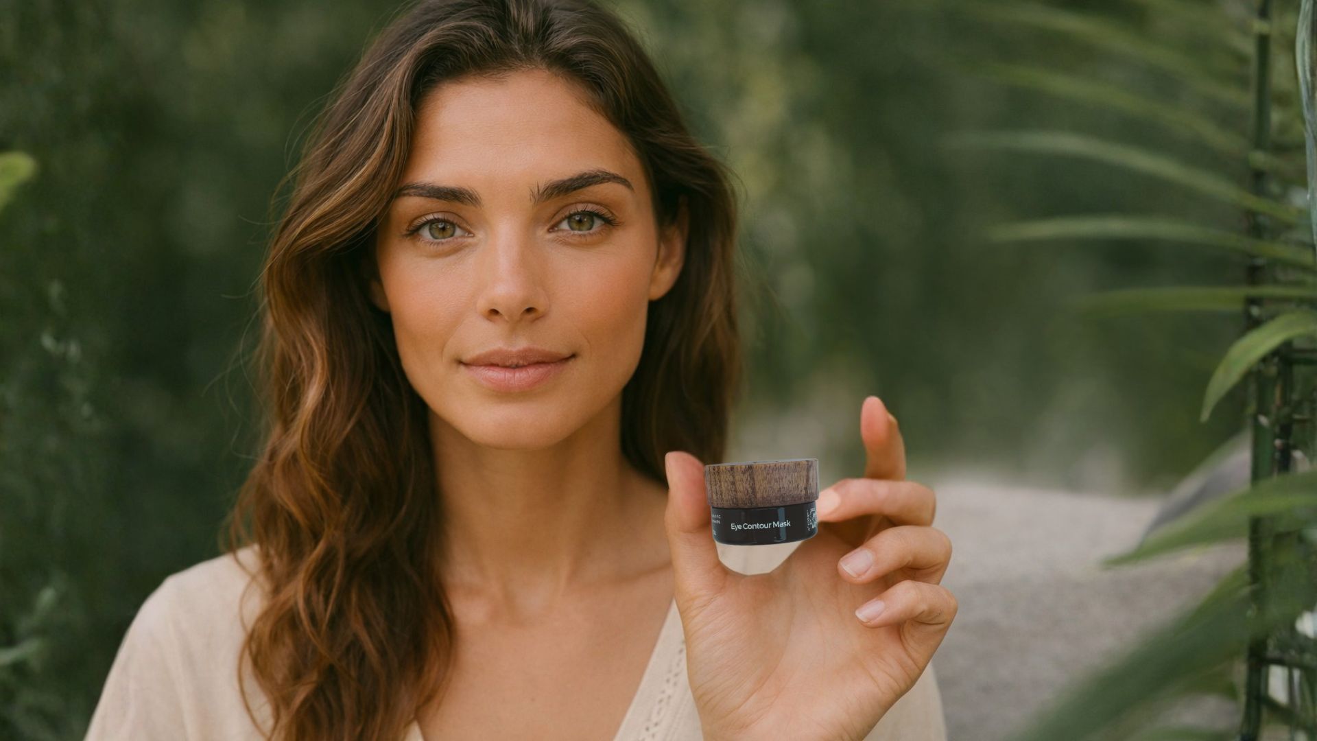 Donna tiene in mano la maschera contorno occhi di Faber-Organic